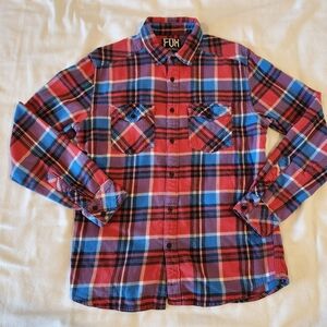 FOX Racing Flannel Button Up Shirt Red Blue White Plaid Large